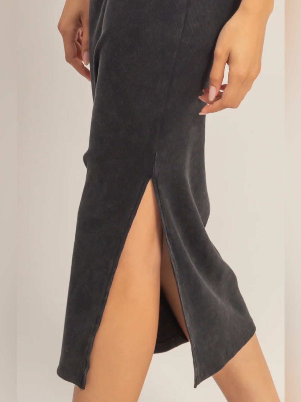 NEW Double Zero Black Midi Tank Dress Acid Wash Ribbed Side Slit Size Medium - Picture 2 of 7
